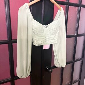 Title: Hello Molly Ruched Crop Top Green Long Sleeve Corset Blouse NWT S